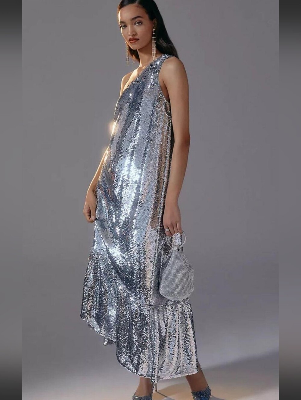 NWT Anthropologie Maeve Silver Sequin One Shoulder Dress, XS, $230 MSRP